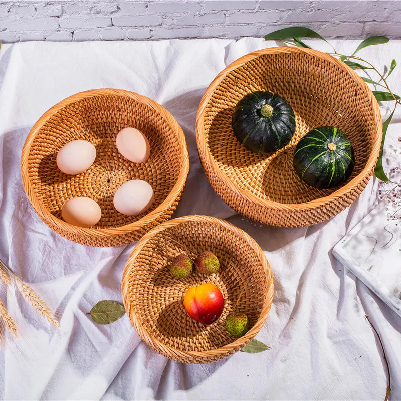 HEMU-Round Rattan Woven Basket, Wicker Fruit Basket, Bread Food, Kitchen Home Decor Organizer